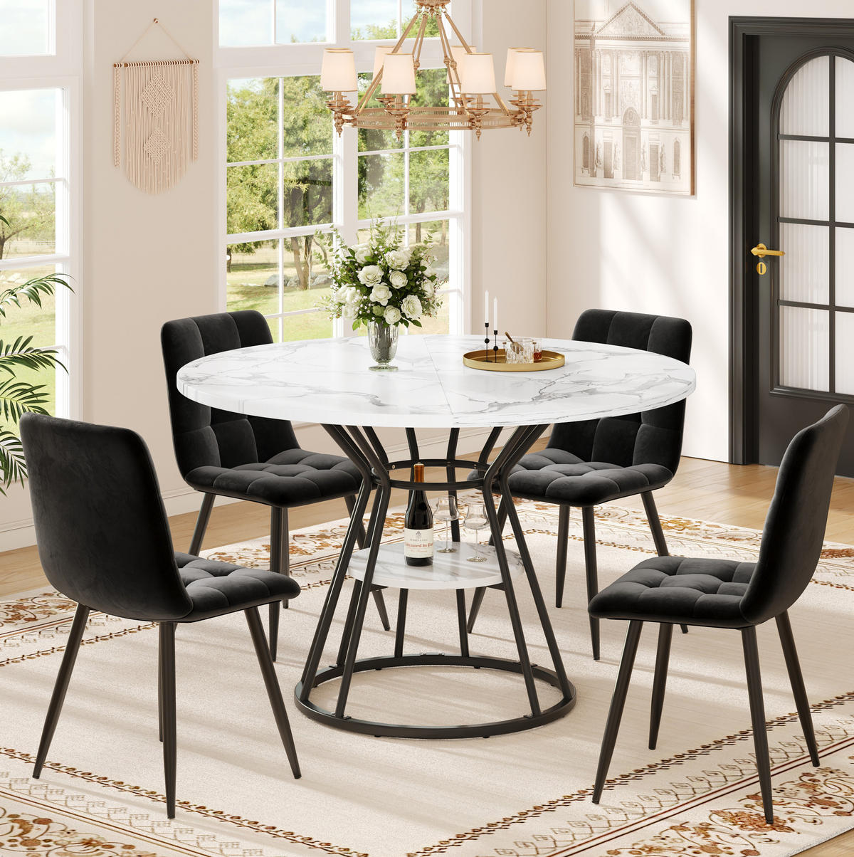 ESSTISCH rund 100/76 cm in Schwarz mit Marmoroptik und Ablage - Schwarz, Holzwerkstoff (100/100/76cm) - Flora Grace