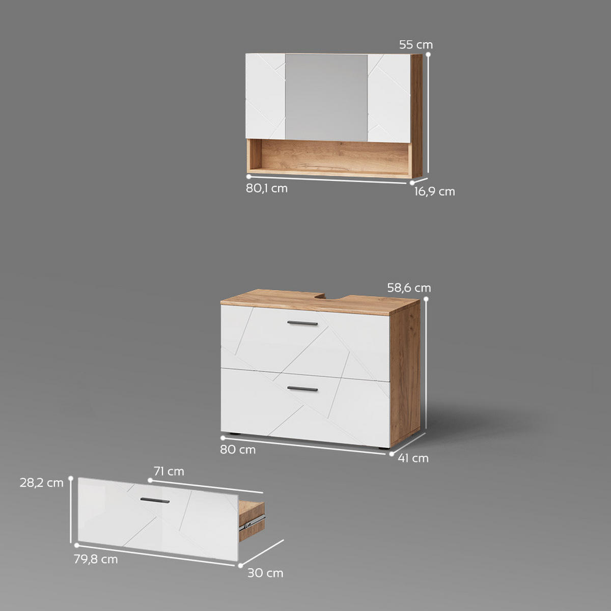 BADMÖBEL-SET Ronco Weiß Hochglanz/Goldkraft Eiche 2 Teile, Unterschrank 80 cm - Honigeiche/Weiß Hochglanz, Holzwerkstoff (80/58/41cm) - Livinity®