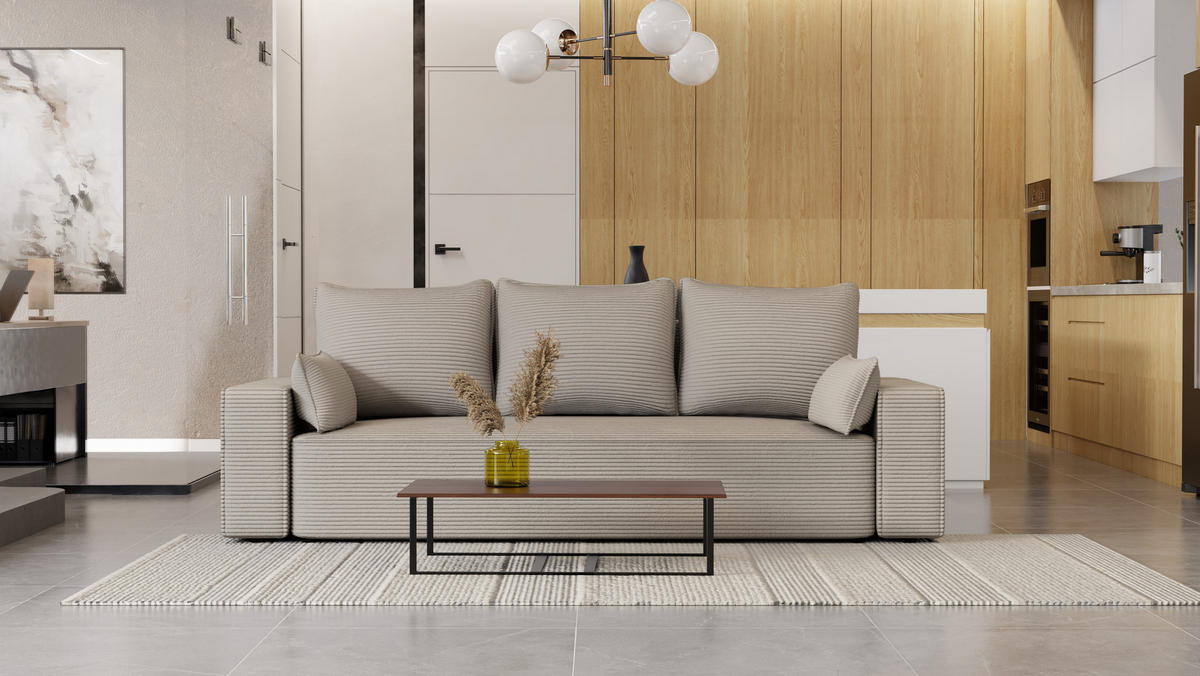 SOFA Vens mit Bettkasten und Schlaffunktion, Cordstoff - Beige, Holzwerkstoff (242/85/95cm)