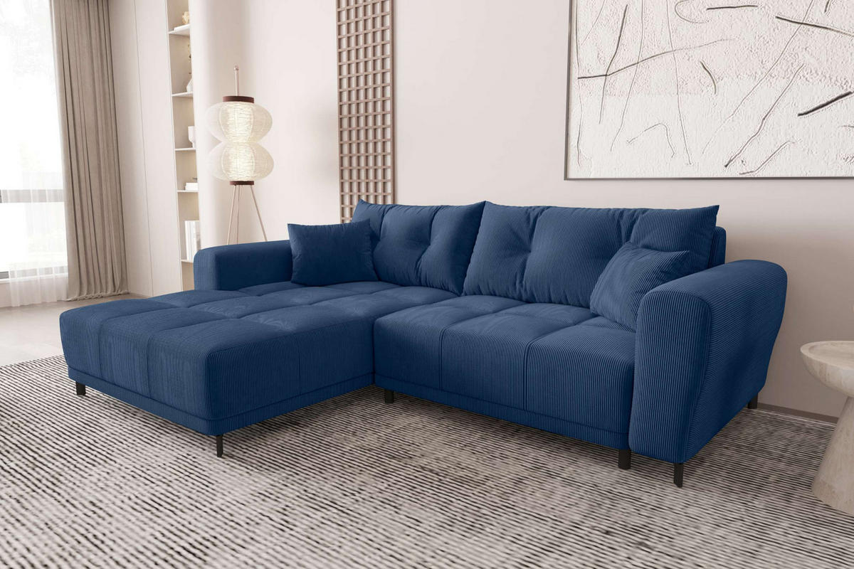 ECKSOFA Massimo Cordstoff Blau inkl. Schlaffunktion Links - Blau/Schwarz, Textil/Metall (246/177cm) - 99rooms