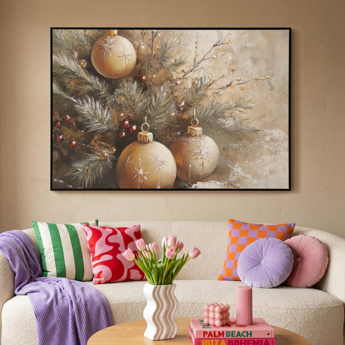 LEINWAND Bilder mit Rahmen - Weihnachten - Kugeln - Beige - Gold - 120x80 - Goldfarben, Textil (120/80cm) - MuchoWow