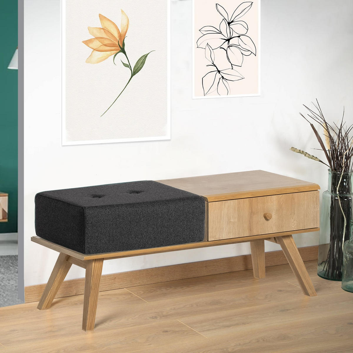 BANK mit Schublade und Kissen - L100 cm - Eichefarben, Holzwerkstoff (40/43/100cm) - Calicosy