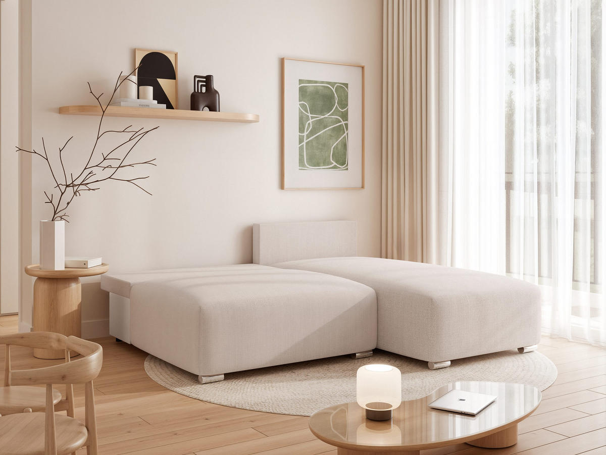 ECKSOFA ELVO mit Schlaffunktion und Bettkasten Creme - Creme, Holzwerkstoff/Kunststoff (208/190cm) - Idohome