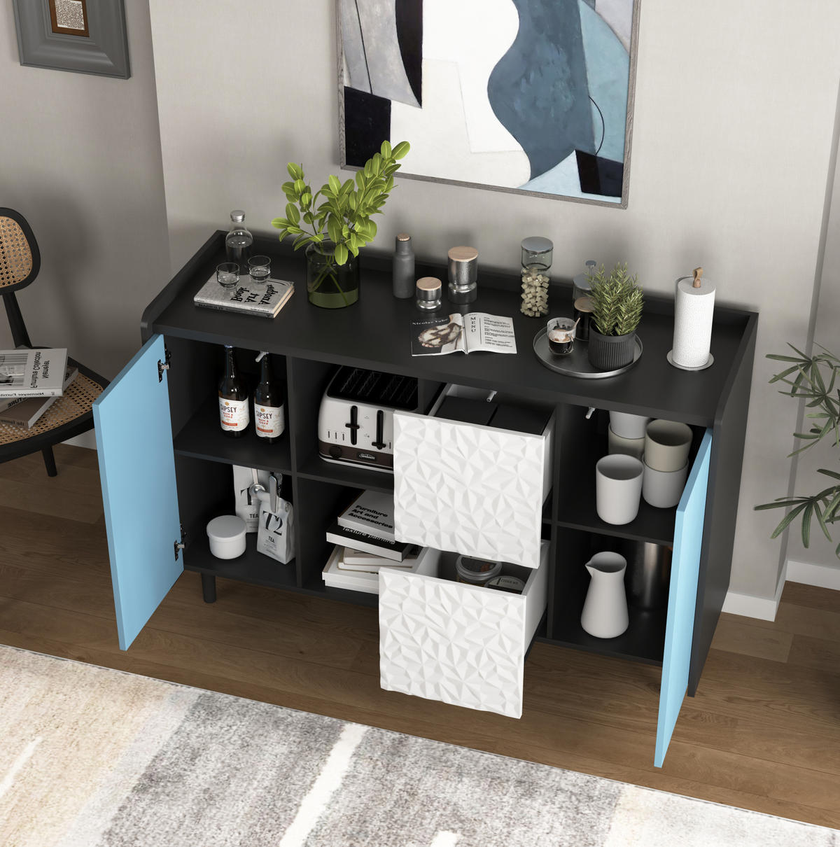 SIDEBOARD 120/40/80 cm aus MDF mit 2 Schubladen und offenen Fächern Schwarz/Blau - Schwarz, Holzwerkstoff (120/80/40cm) - Modenvie