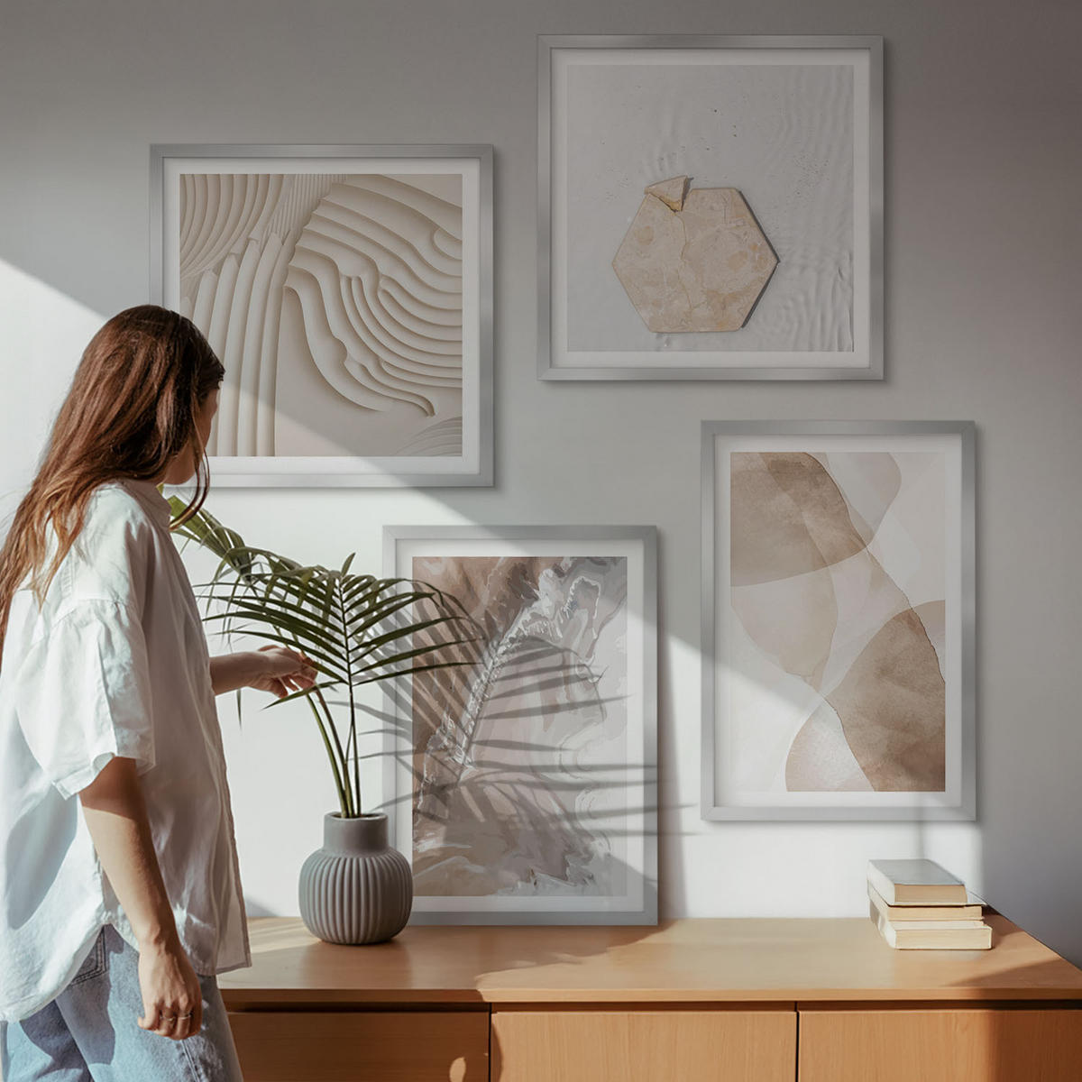 WANDBILDER 4er Set - 50x50 cm & 40x60 cm Silberner Rahmen - Abstrakte bemalte Strukturen - Silberfarben, Kunststoff (50/50cm) - ArtPrintCave