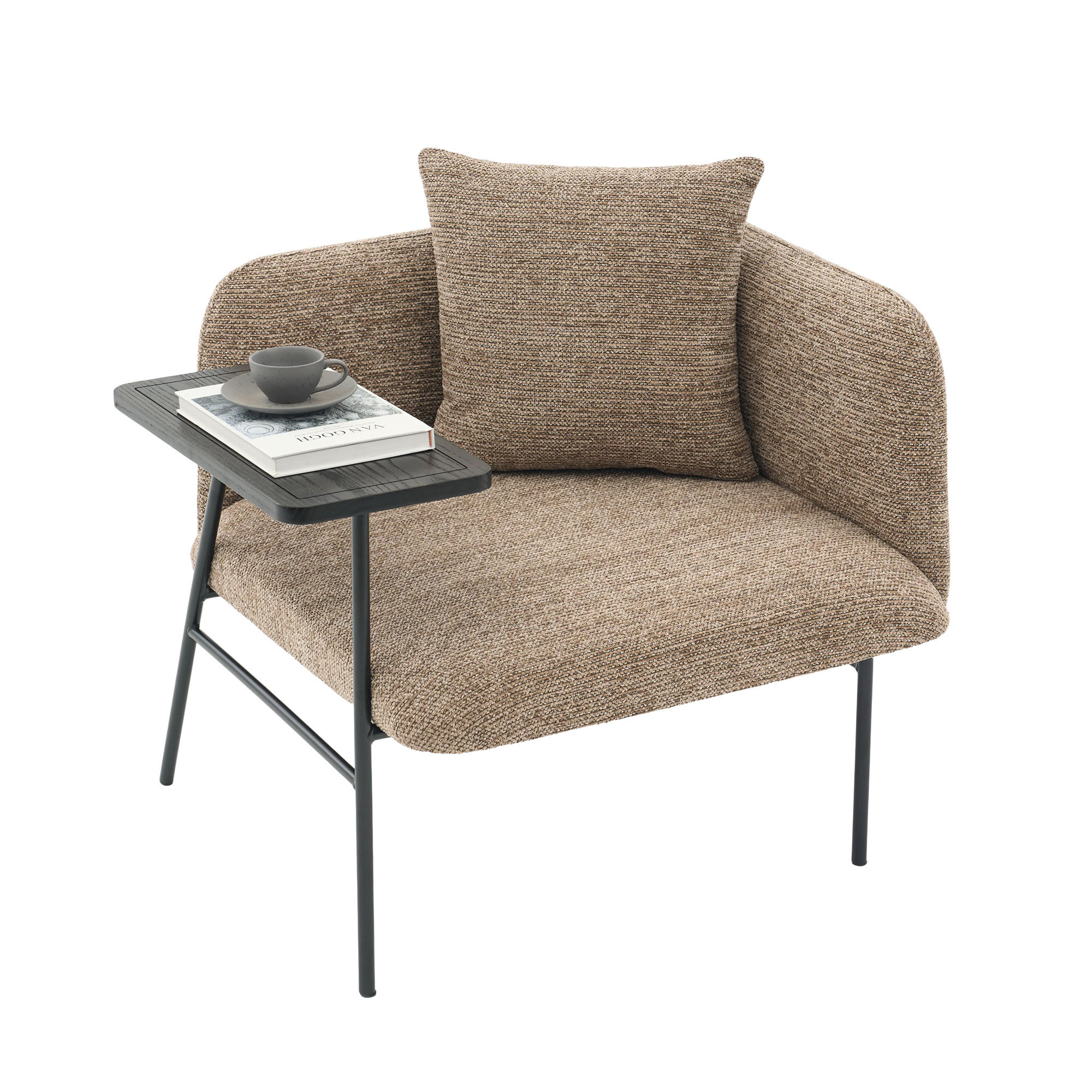 SESSEL Chenille Khaki mit Beistelltisch und Seitentaschen - Hellbraun, Textil/Metall (86/71/72cm) - WISHDOR