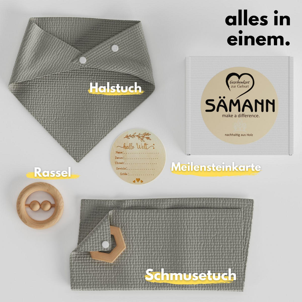 BABY Geschenkset 4-tlg. zur Geburt mit Halstuch, Rassel, Karte, Schmusetuch olivgrün - Olivgrün, Textil (10/10cm) - Sämann – make a difference.