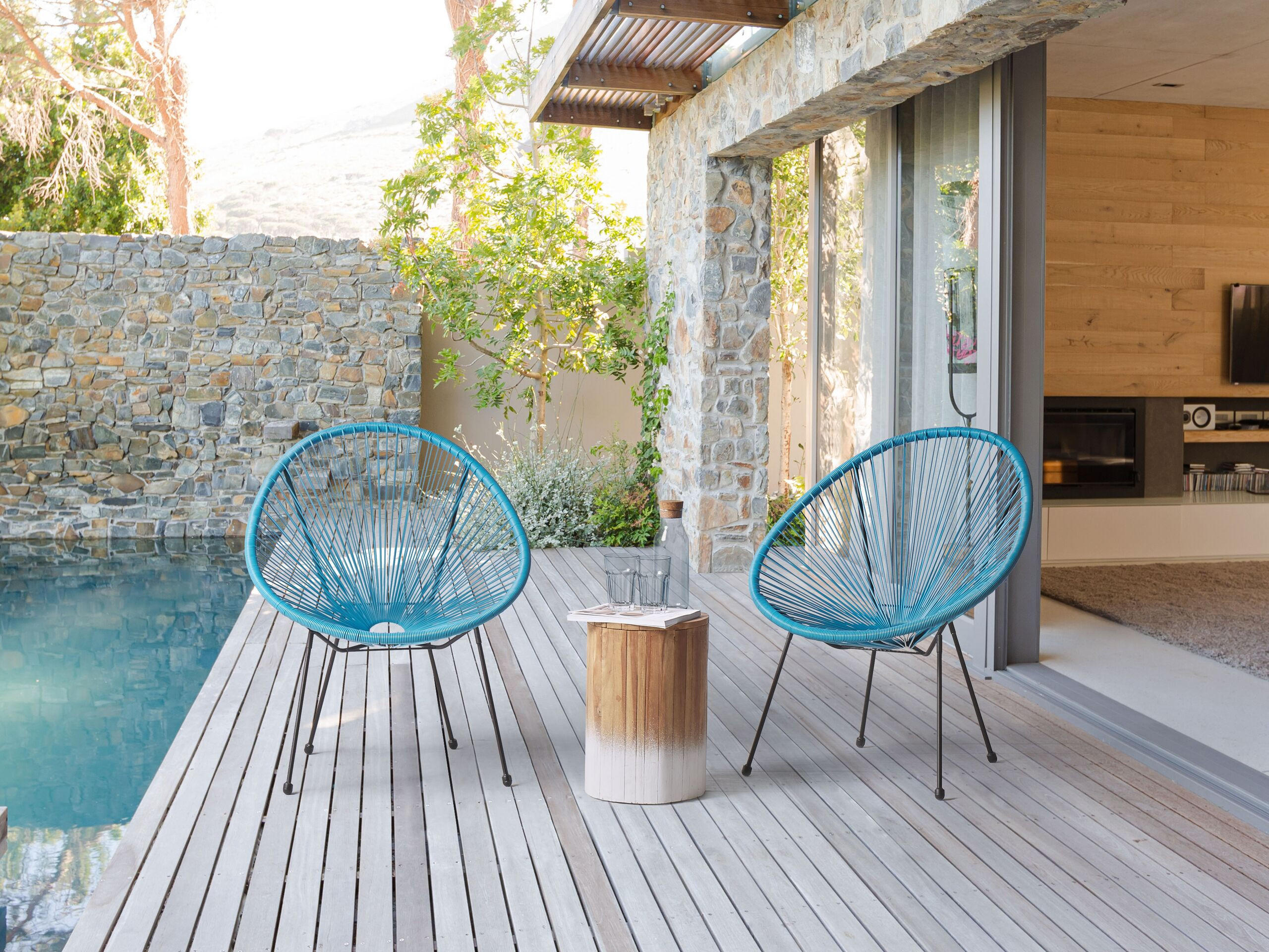 RATTANSTUHL 2er-SET Kunststoff blau 70 cm Acapulco II - Blau/Schwarz, Kunststoff (70/87/90cm) - Beliani