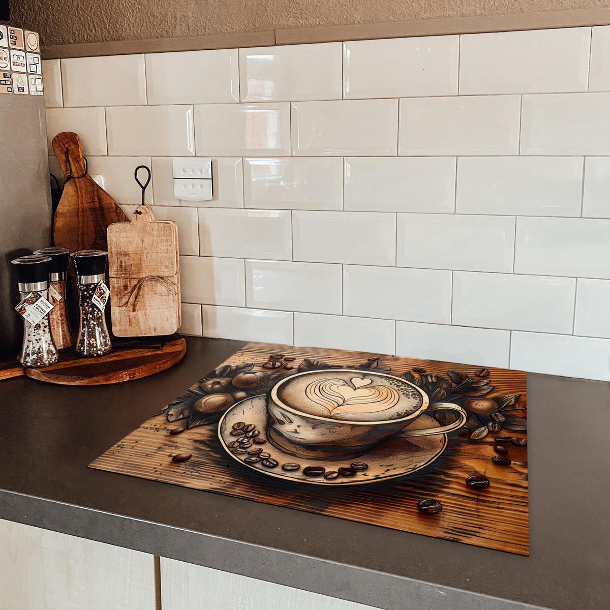 HERDABDECKPLATTE Kaffee - Vintage - Braun - Tasse - Holz 58x51 cm - Cappuccino, Kunststoff (58.3/51.3/0.2cm) - MuchoWow