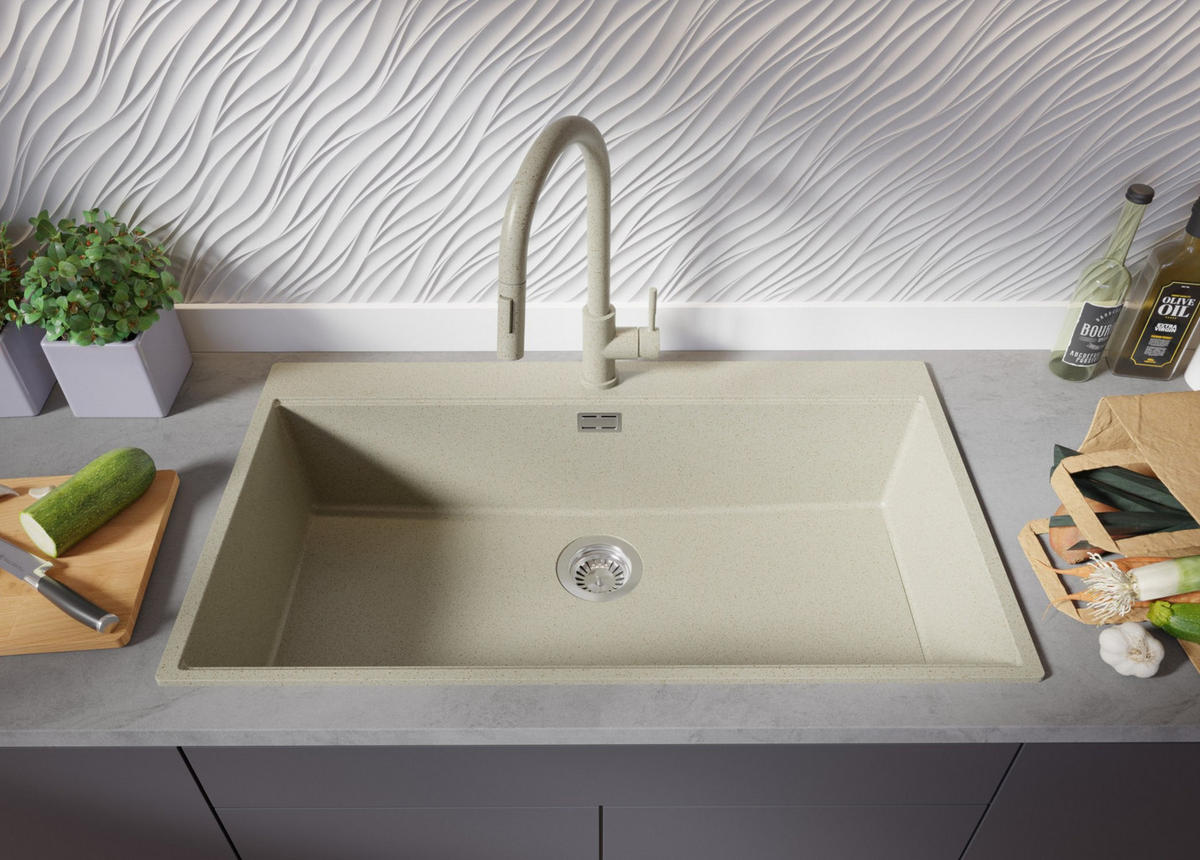 SPÜLBECKEN Oslo, 2-er set Beige 88/50 cm 1 Becken + Ablauf-Set + Schneidebrett ab 90er Unterschrank - Chromfarben/Beige, Kunststoff (88/20/50cm) - Primagran