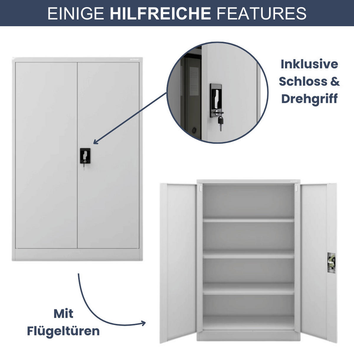 AKTENSCHRANK abschließbar KADO mit Flügeltüren 140x90x40cm Grau - Grau, Metall (90/140/40cm) - DELUKE