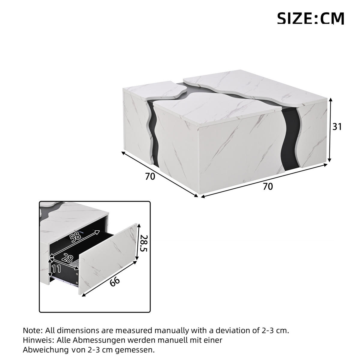 COUCHTISCH 70/70/31 cm weiß aus Spanplatte mit Schublade in Marmoroptik - Weiß, Holzwerkstoff (70/70/31cm) - OKMYHOME