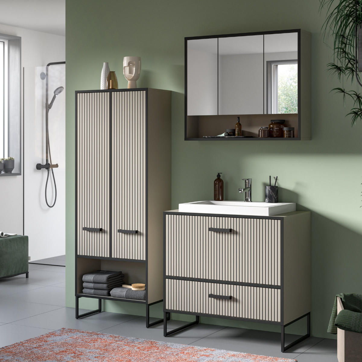 BADEZIMMERSCHRANK mit 2 Türen und 2 Nischen, Kaschmir 32/159/59 cm - Beige, Holzwerkstoff (32/159/38cm) - Calicosy