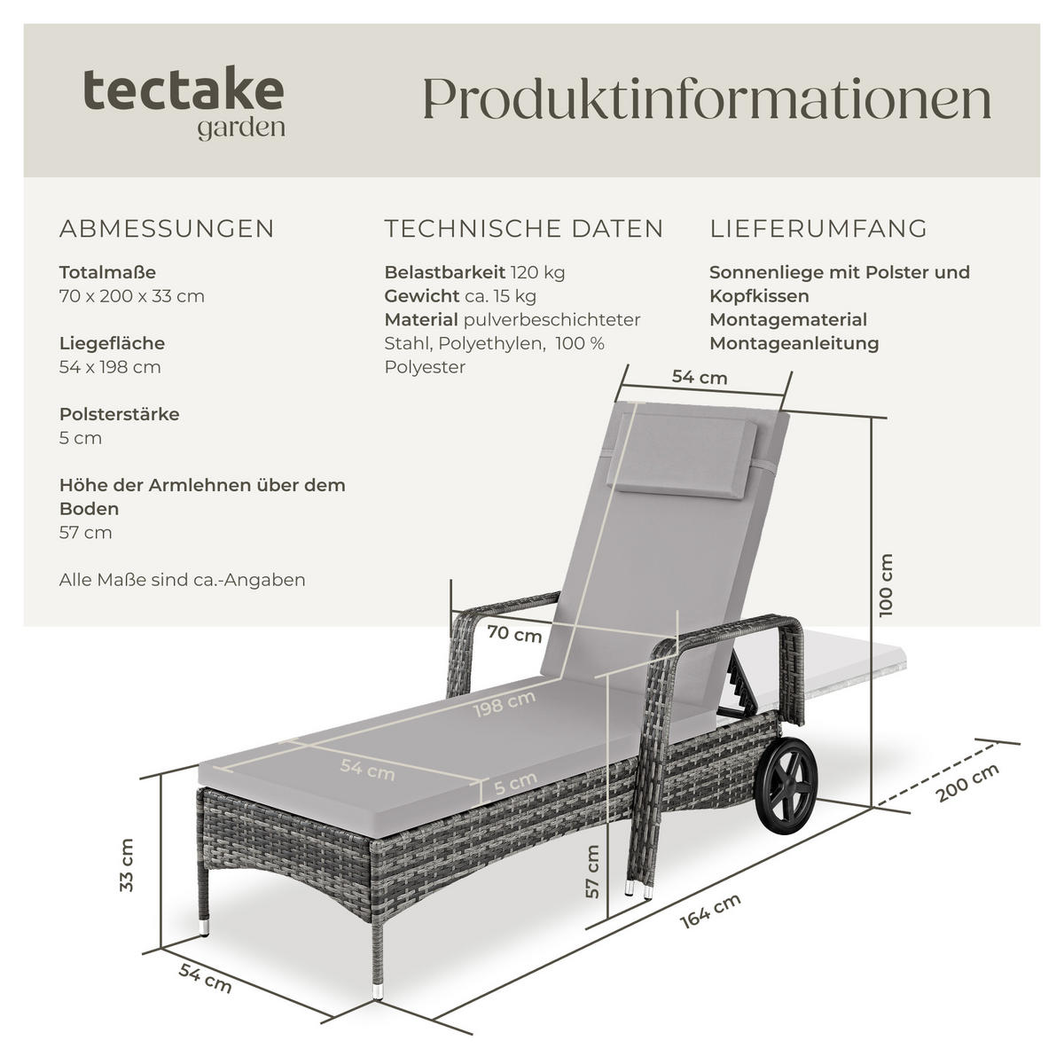 RATTAN-SONNENLIEGE ,200 x 70 x 33 cm,grau/hellgrau - Grau, Kunststoff (70/33/200cm) - tectake