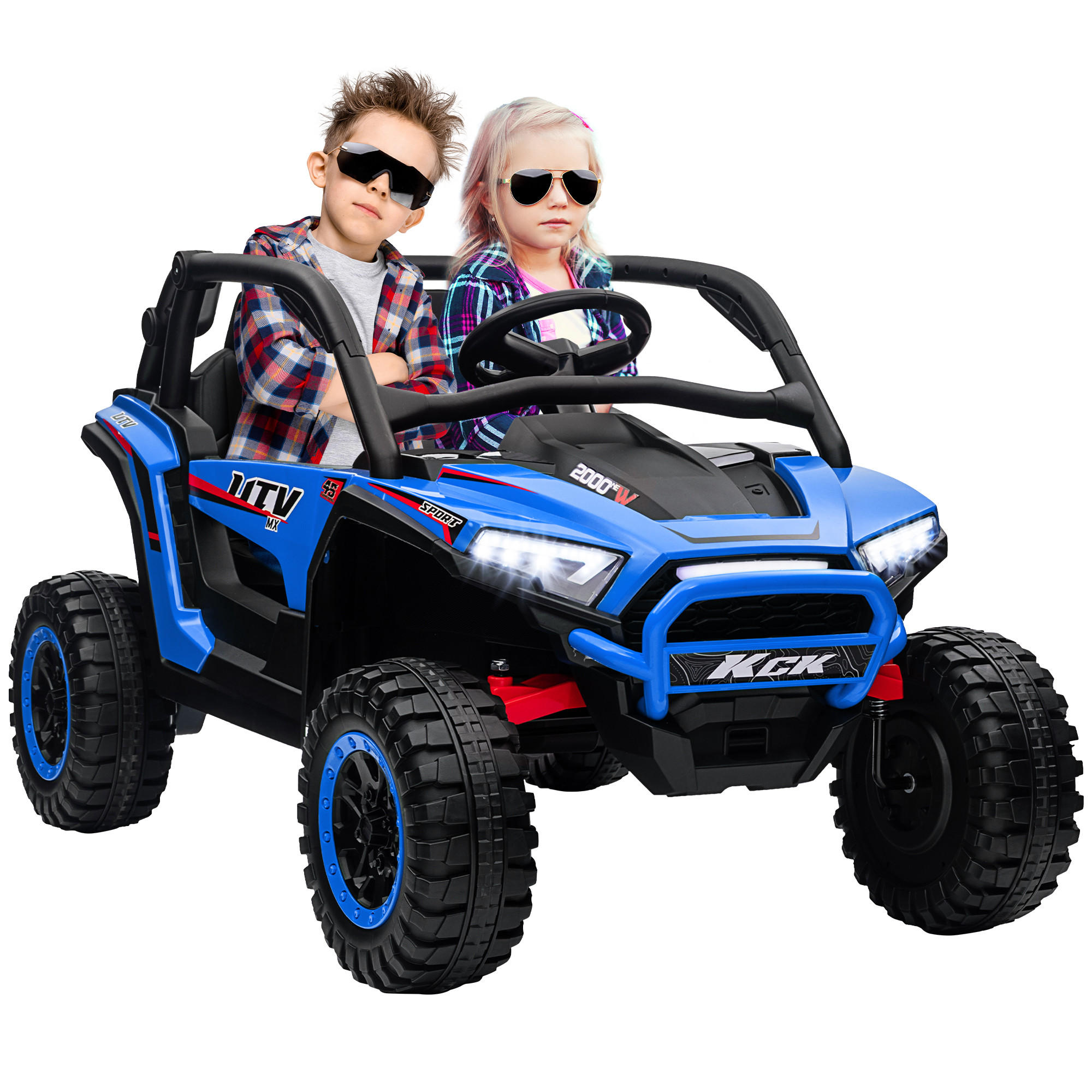 KINDERAUTO Elektro-UTV, 5-7 km/h, 2-Sitzer, Fernbedienung, Musik, Lichter, 1h Fahrtdauer, Blau - Blau, Kunststoff/Metall (117/72/67cm) - AIYAPLAY