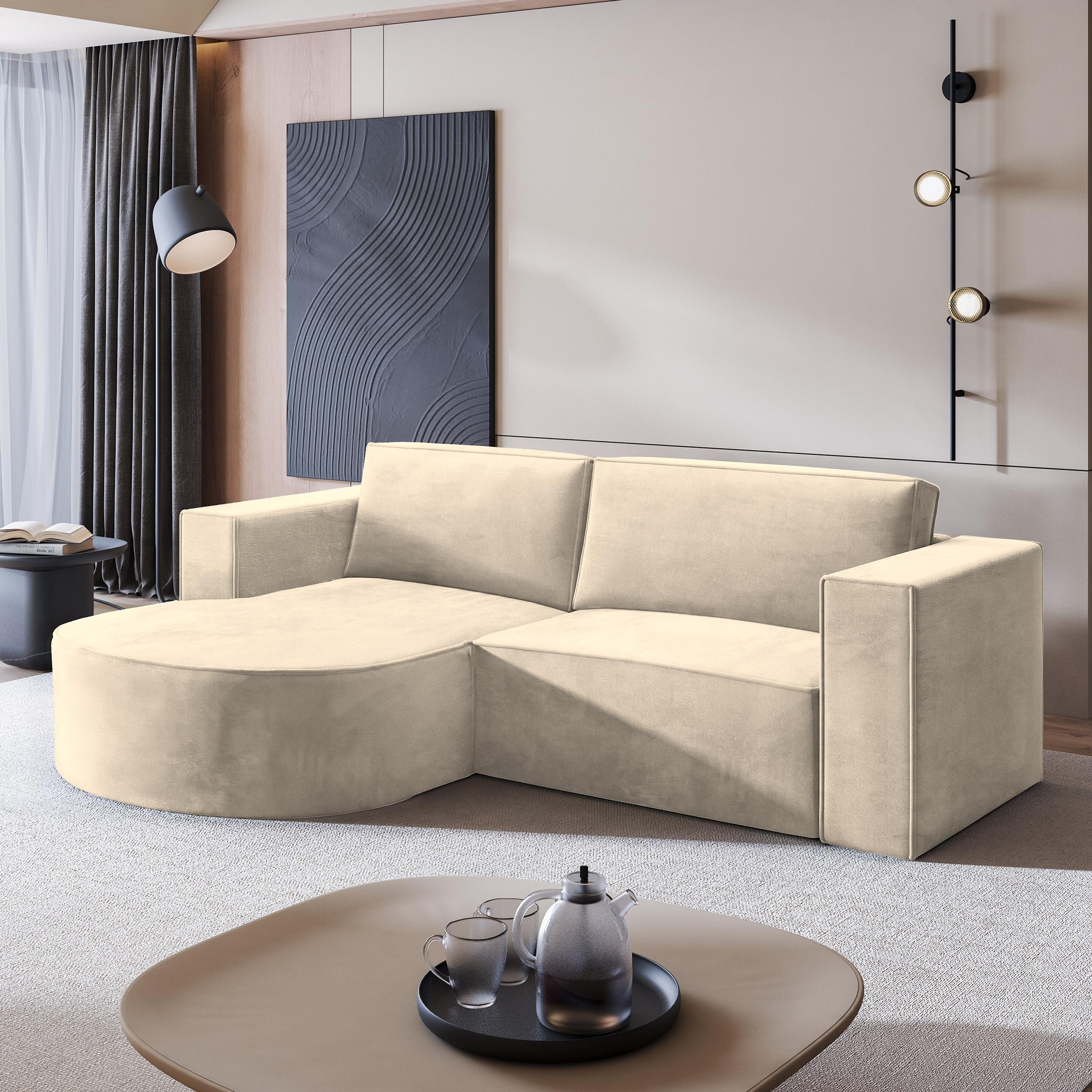 ECKSOFA SORELA M L-S Creme Velours-Stoff mit Schlaffunktion - Creme, Holz (263/174cm) - MASSENO