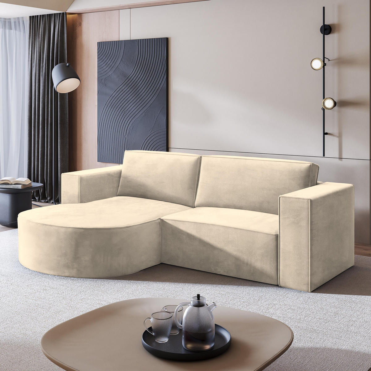 ECKSOFA SORELA M L-S Creme Velours-Stoff mit Schlaffunktion - Creme, Holz (263/174cm) - MASSENO