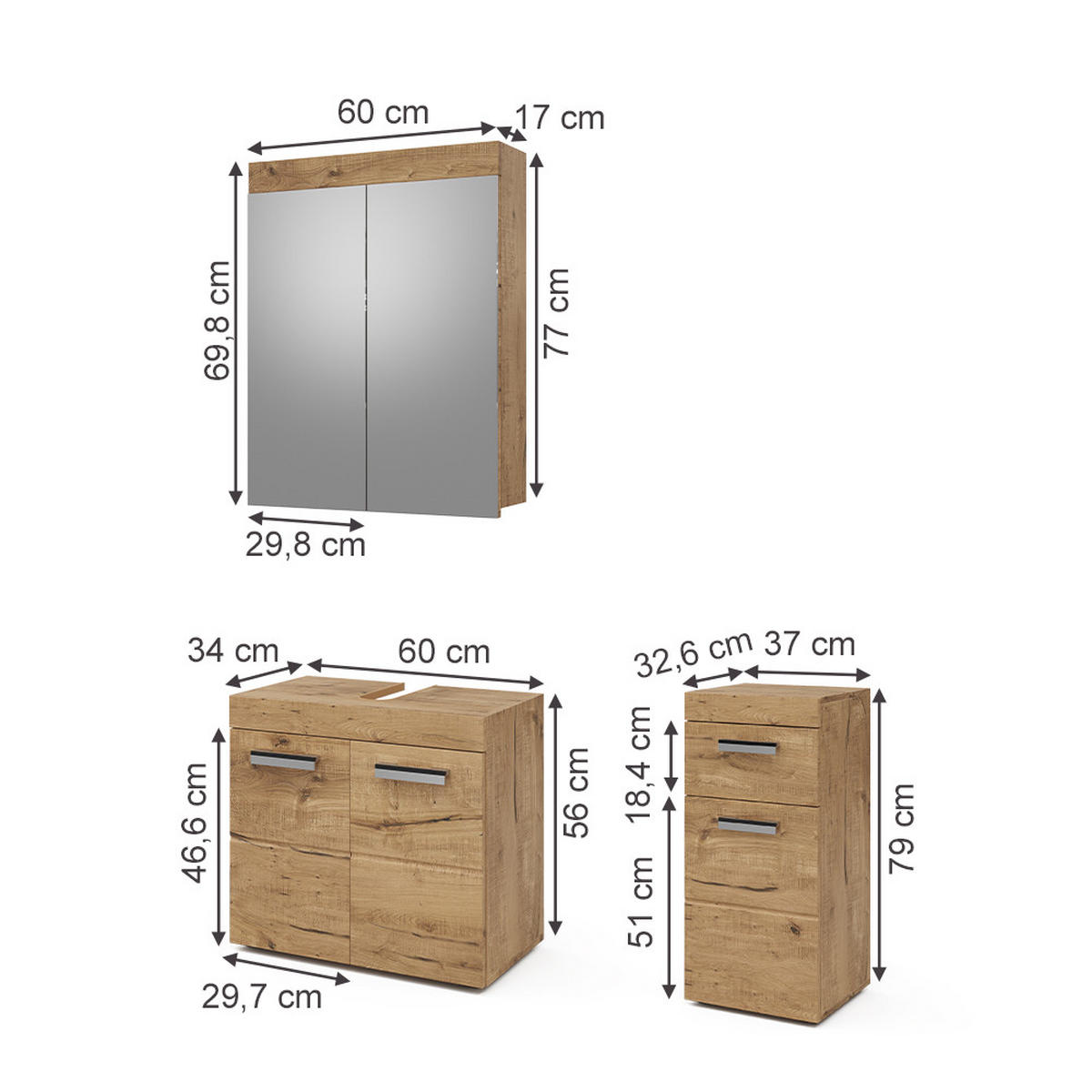 BADMÖBEL-SET Luna Eiche Wotan 3 Teile, mit Midischrank - Eiche Wotan, Holzwerkstoff (60/56/34cm) - Vicco