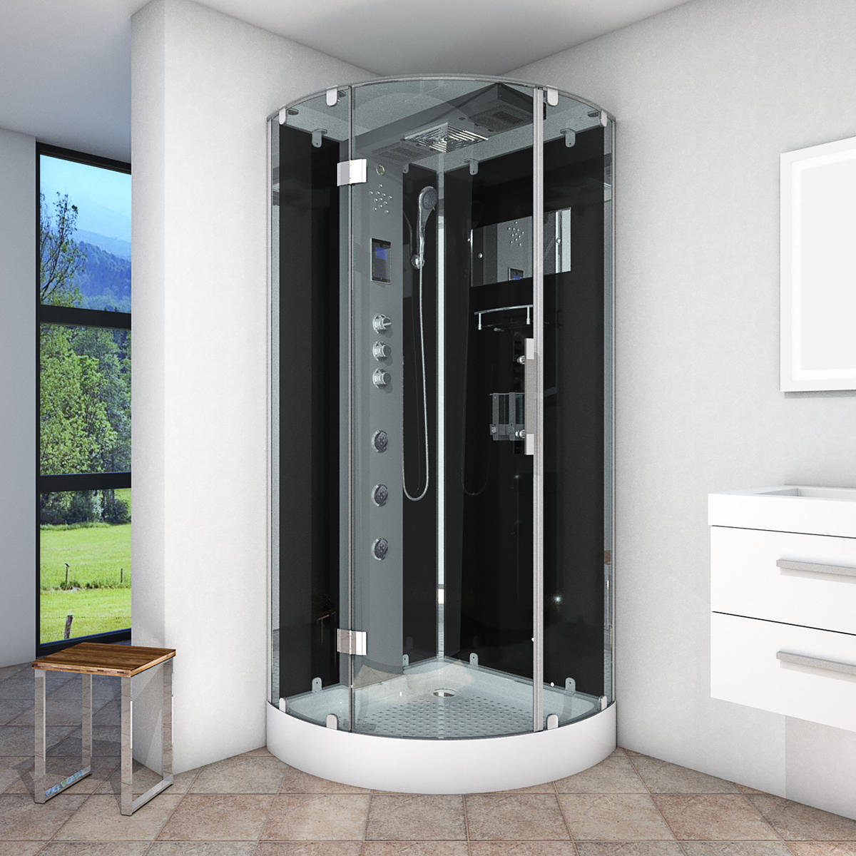 DUSCHKABINE Dusche D37-23L1 Weiß 100x100 - Schwarz, Glas/Kunststoff (100/100/218cm) - AcquaVapore by Sandra Jentho