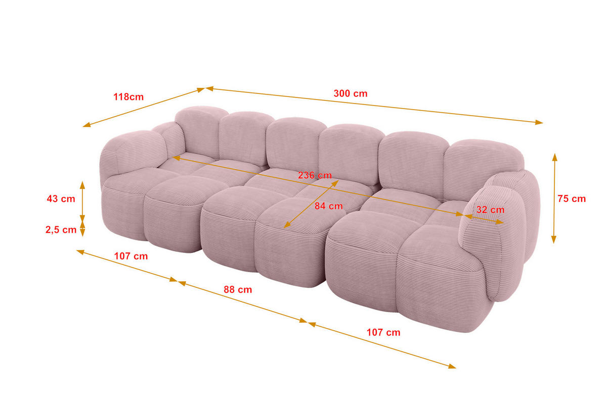 3-SITZER modulares Sofa Miko-S2 300x118x75 cm Rosa Cord - Schwarz/Rosa, Holzwerkstoff/Kunststoff (300/75/118cm) - ALTDECOR
