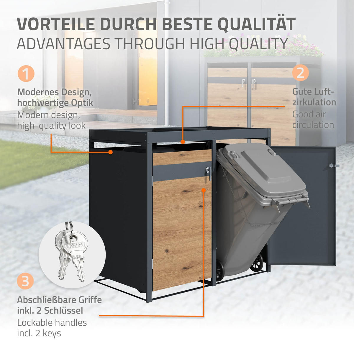 MÜLLTONNENBOX 4er mit Pflanzdach Anthrazit-Eichenoptik - Braun, Metall (80/124/264cm) - ML-DESIGN