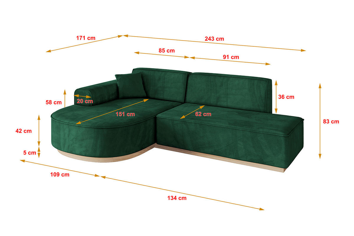 ECKSOFA Ottomane Links ARRIO-L1 - 243x171x83 cm Dunkelgrün - Schwarz/Grün, Holzwerkstoff/Kunststoff (243/171cm) - ALTDECOR
