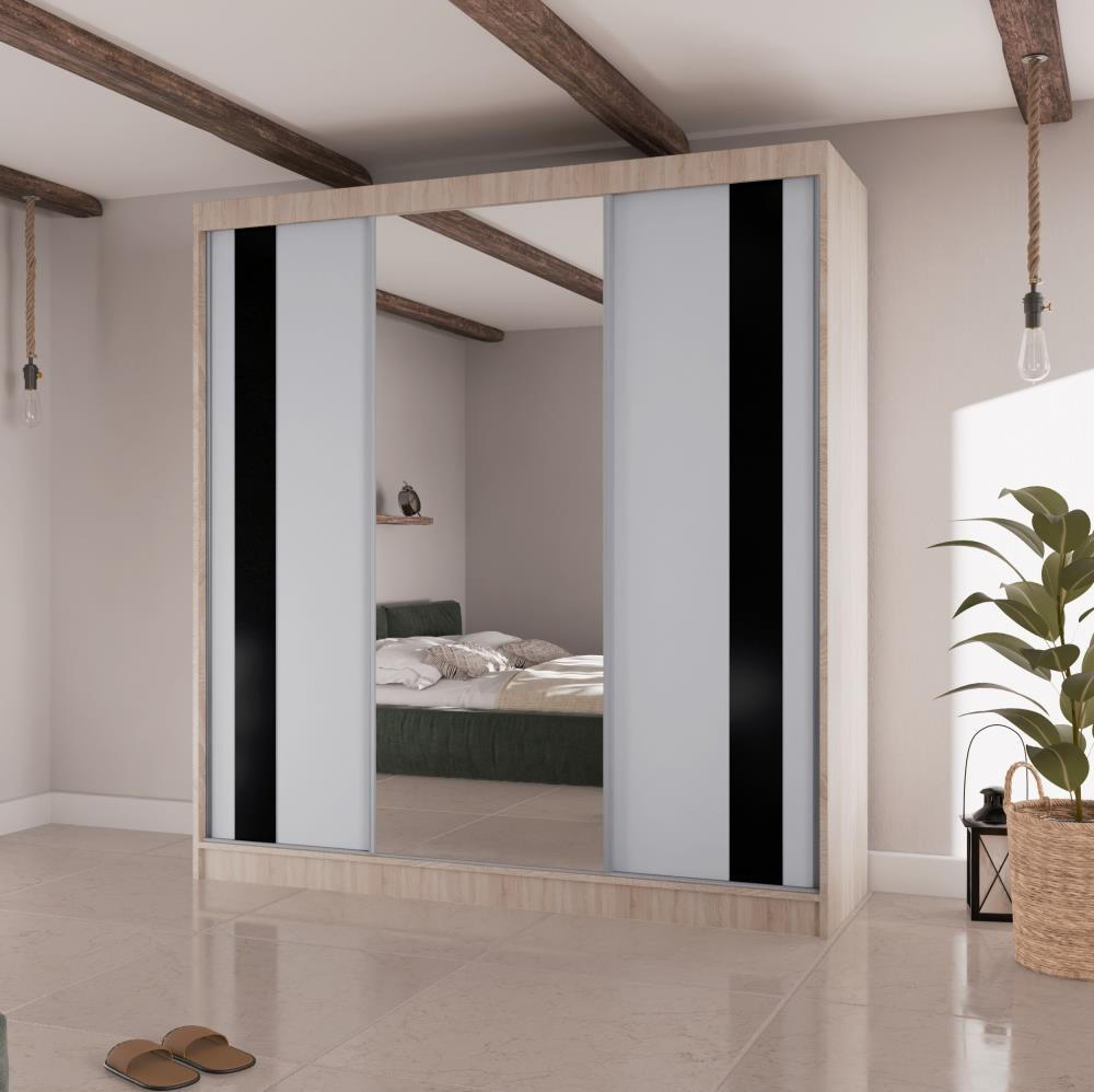 SCHWEBETÜRENSCHRANK Como II 200/61/215 eiche sonoma+weiß - Schwarz/Weiß, Holzwerkstoff (200/215/61cm) - Beautysofa