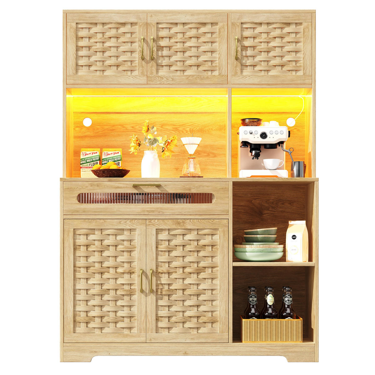 HOCHSCHRANK in MDF-Holzoptik mit geflochtenen Glasfronten, LED-App-Steuerung und USB, 120/40/180 cm, Naturfarben - Naturfarben, Holzwerkstoff (120/180/40cm) - Redom