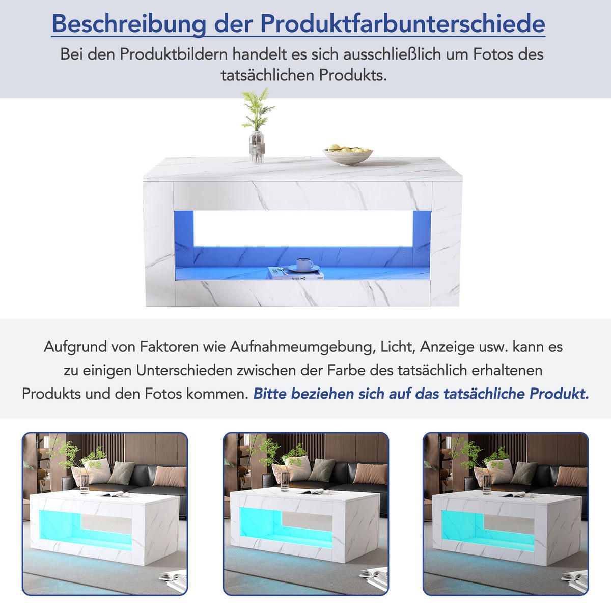 COUCHTISCH LED Hochglanz Fernbedienung Marmor Weiß - Weiß, Holzwerkstoff (100/50/50cm) - FLIEKS