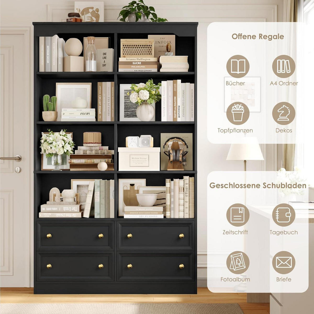 BÜCHERREGAL mit 4 Schubladen 180 cm schwarz - Schwarz, Holzwerkstoff (100/180/30cm)