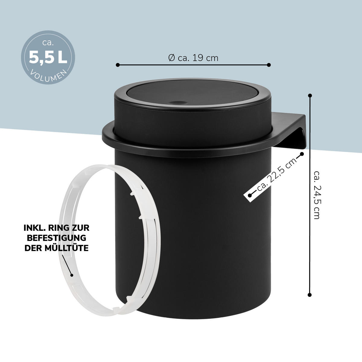 KOSMETIKEIMER SAVONA,5 Liter, schwarz - Schwarz, Kunststoff (19/24.5/19cm) - bremermann