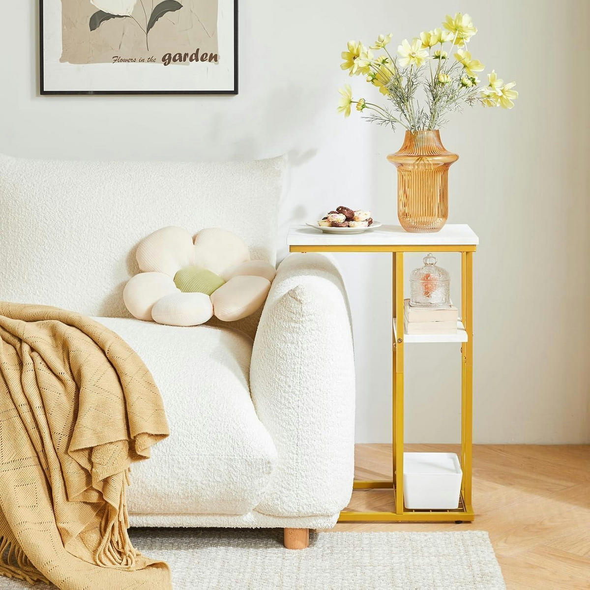 BEISTELLTISCH C-Form Marmormuster Weiß & Gold 40 x 26 x 61.5 cm - Multicolor, Metall (40/26/61.5cm)