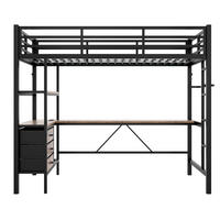 HOCHBETT 90/200 cm Schwarz mit LED-Beleuchtung Schreibtisch Steckdose und 3 Schubladen - Schwarz, Metall (90/200cm) - OKWISH