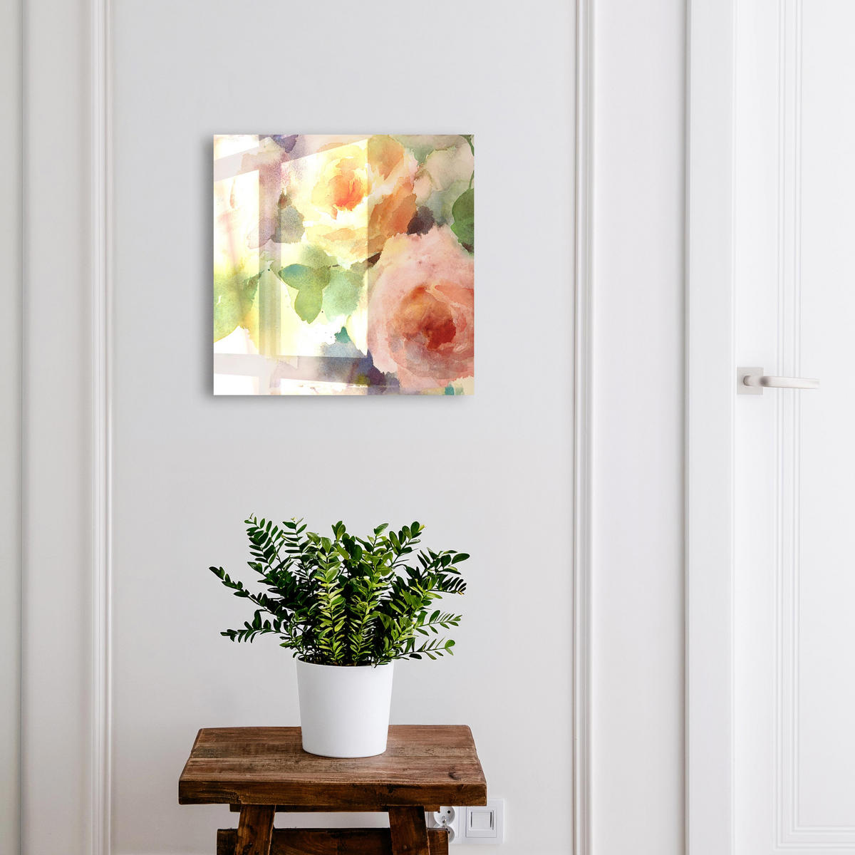 SCHLÜSSELBOX Schwarz 30x30 cm- Türöffnung nach rechts - Aquarellblumen - Grün, Metall (30/30/5cm) - TULUP