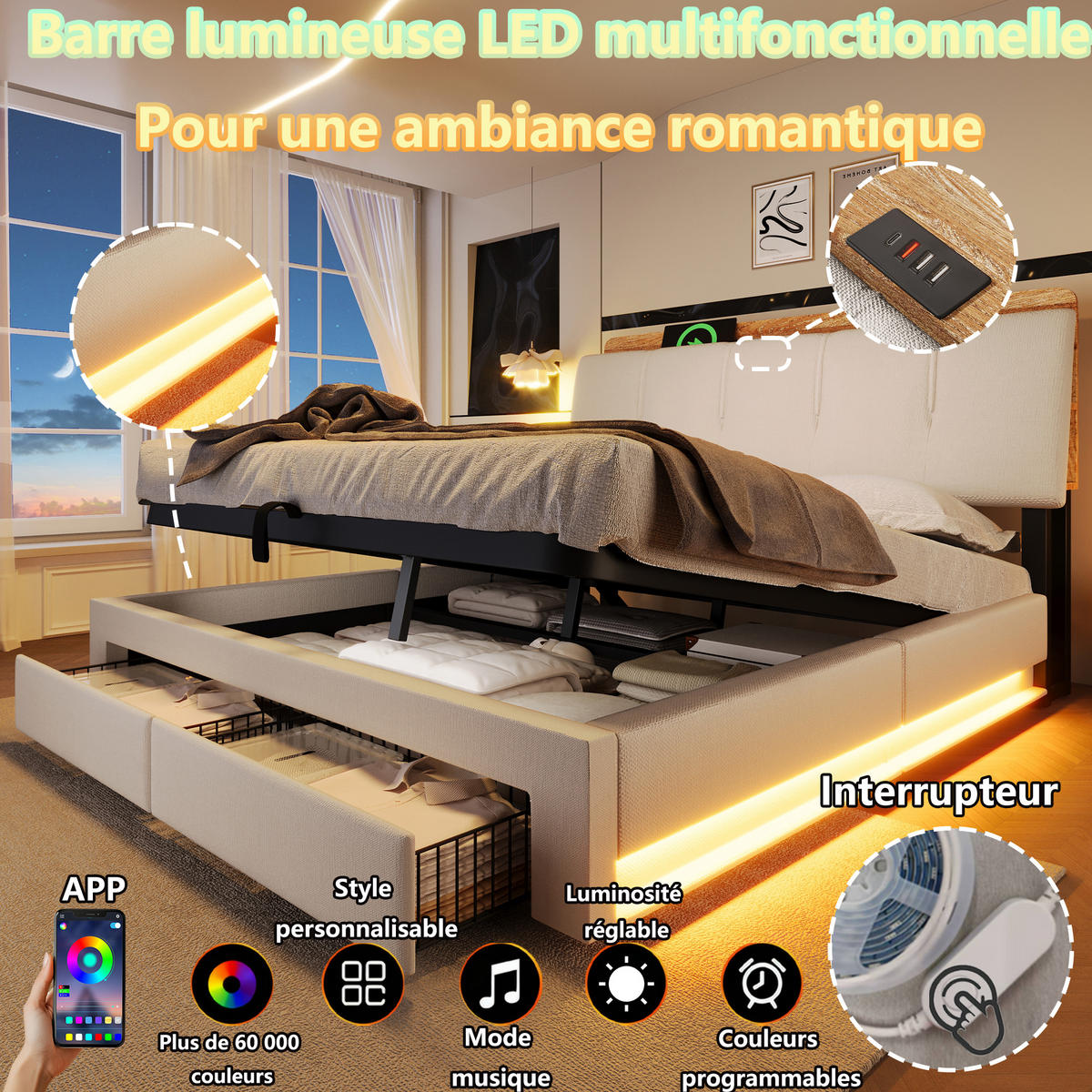POLSTERBETT 140/200 cm in Beige mit Bettkasten, 2 Schubladen, LED, USB und Type-C Leinen - Beige, Holzwerkstoff/Textil (140/200cm) - STILVORA