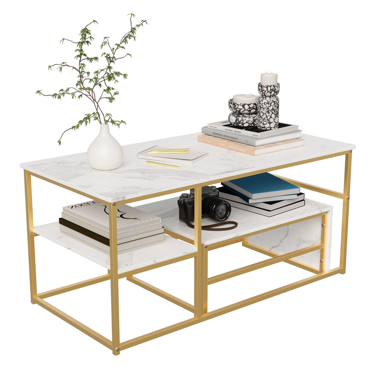 2ER SET COUCHTISCH Marmor Weiß/Goldfarben - Goldfarben, Metall (105/52/48.5cm)