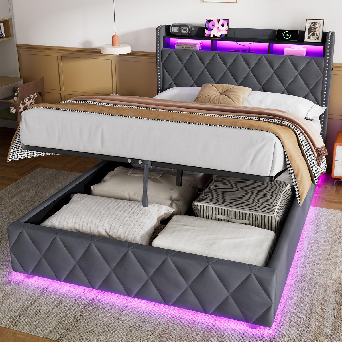 POLSTERBETT 219/140/109 cm aus Samt, Holz, Metall mit hydraulischem Stauraum, LED & Ladeanschlüssen, Dunkelgrau - Dunkelgrau, Textil (140/200cm) - OKMYHOME