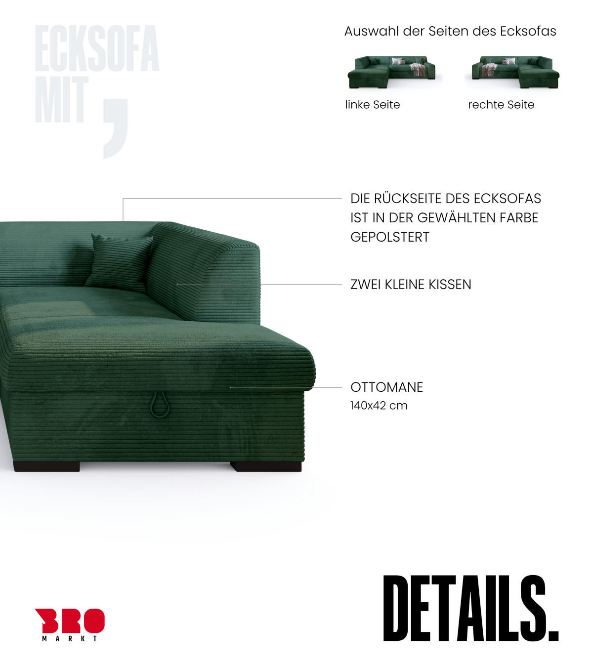 ECKSOFA mit Schlaffunktion Cordstoff MILENZO Dunkelgrün Rechts - Dunkelgrün, Holz (260/175cm) - Bromarkt