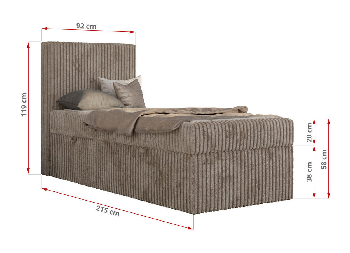 JUGENDBETT TILIO 90/200 - Hellbraun - H4 - Rechts Seite - Hellbraun, Textil (90/200cm) - MKS