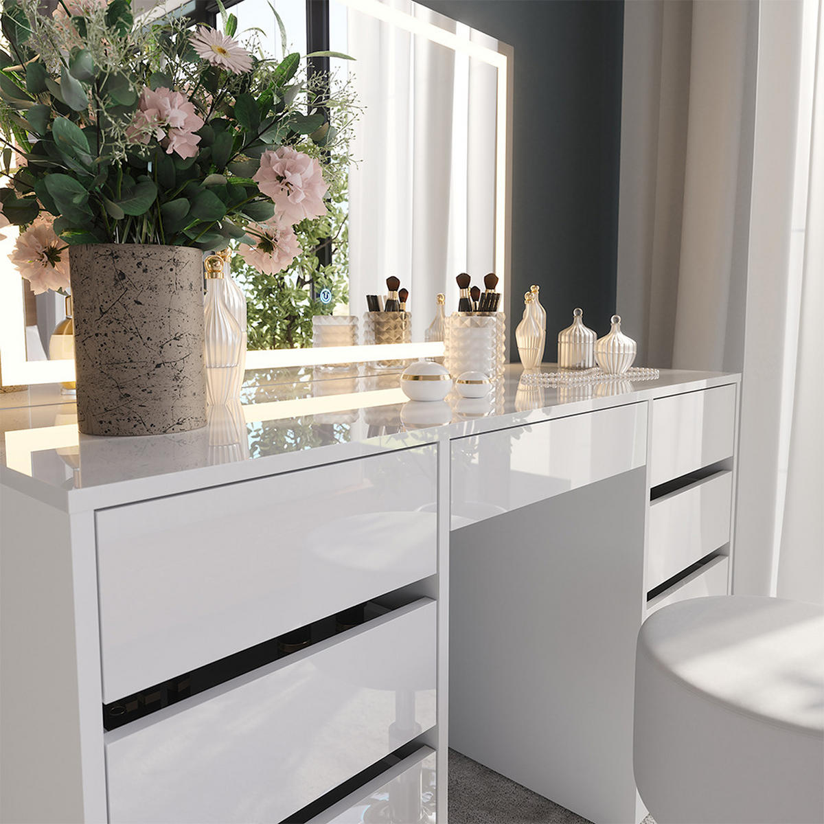 SCHMINKTISCH Sherry Weiß/Weiß Hochglanz 128.2 cm mit LED-Spiegel und Hocker - Weiß Hochglanz, Holzwerkstoff (128.2/76/50.1cm) - Vicco