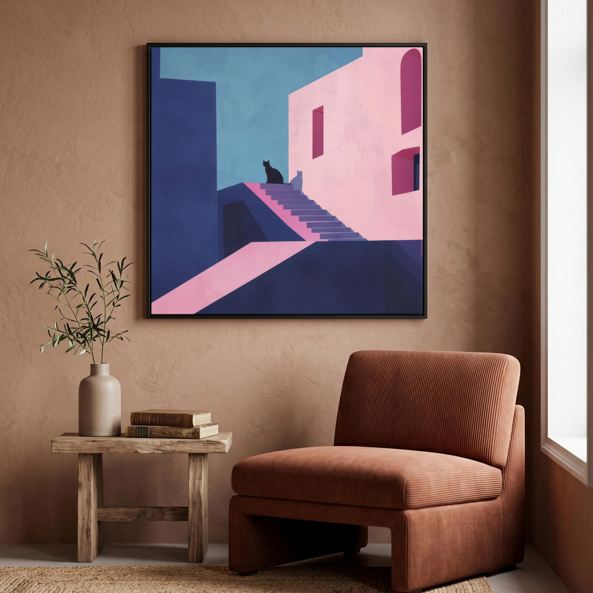 LEINWAND Bilder mit Rahmen - Katze - Treppe - Gebäude - Schattenkontraste - 90x90 - Dunkelblau, Textil (90/90cm) - MuchoWow