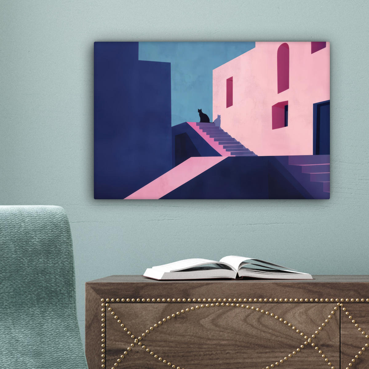 LEINWANDBILD Katze - Treppe - Gebäude - Schattenkontraste Deko Schlafzimmer 30x20 cm - Dunkelblau, Textil (30/20cm) - MuchoWow
