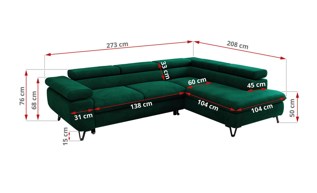 ECKSOFA PABLO L Dunkelgrün Velvet - Links Seite - Dunkelgrün/Schwarz, Textil/Metall (208/273cm) - MKS