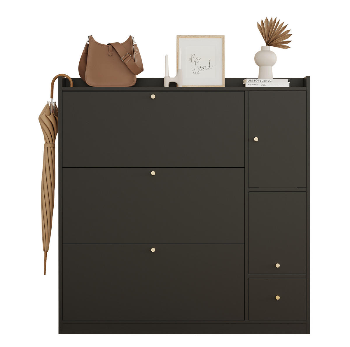 SCHUHSCHRANK mit Klappen 119/24/122 cm in Schwarz mit Sitzbank und Schublade - Schwarz, Holzwerkstoff (119/122/24cm) - BEAOK