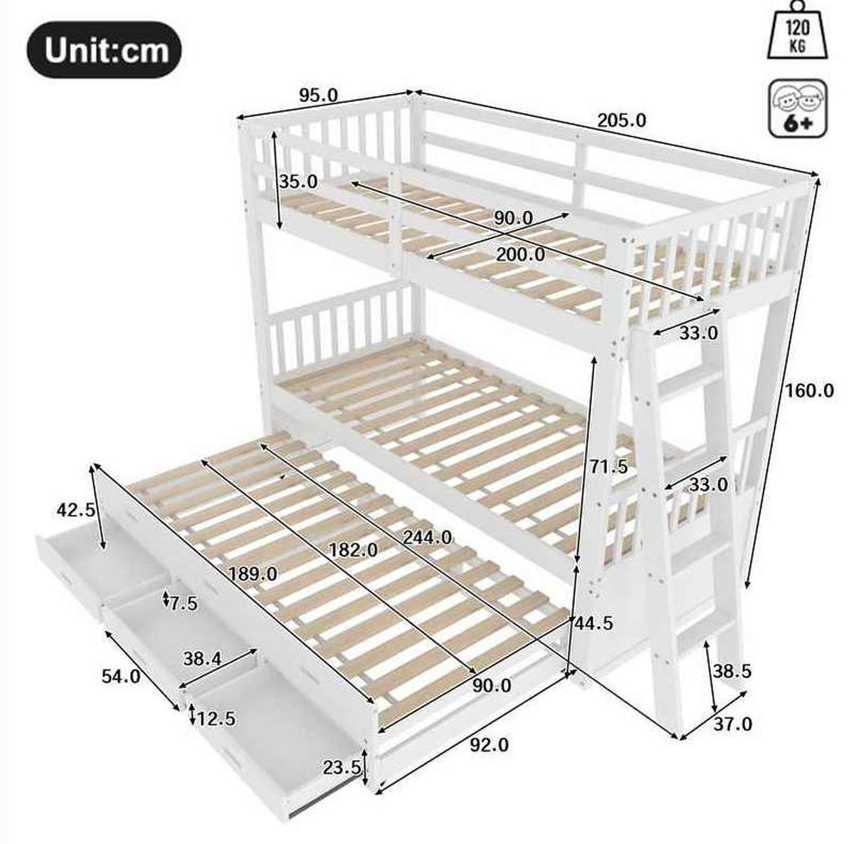 ETAGENBETT 90/200 cm aus Kiefern und MDF mit Ausziehbett und 3 Schubladen, Weiß - Weiß, Holzwerkstoff (90/200cm) - Redom