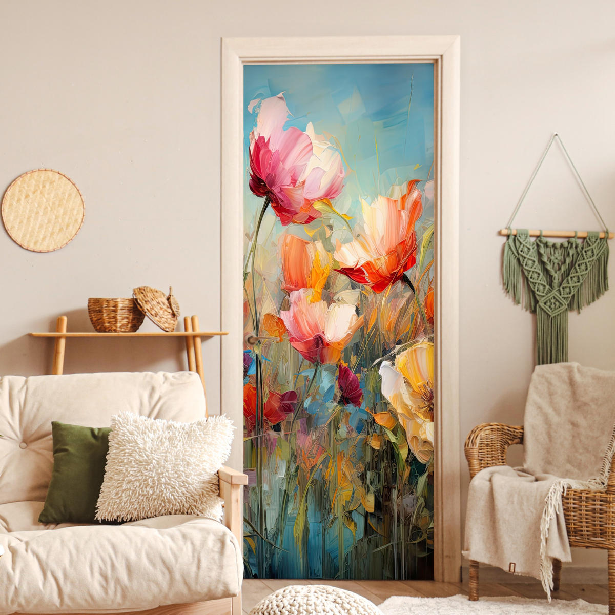 TÜRAUFKLEBER Blumen - Aquarell - Kunst - Botanisch - Natur 90x235 cm - Türtapete - Orange, Kunststoff (90/0.1cm) - MuchoWow
