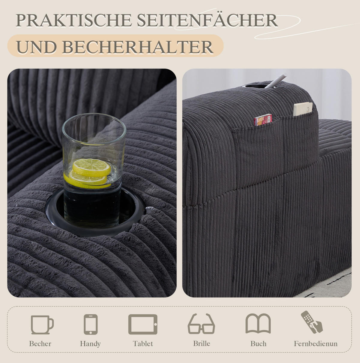 LIEGESESSEL Cord mit Seitenfächern und Becherhaltern 158/93/61 cm Dunkelgrau - Dunkelgrau, Textil (93/61/158cm) - Redom
