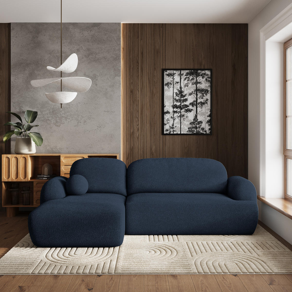 ECKSOFA MODENZA N L-S Blau Boucle-Stoff mit Schlaffunktion - Blau/Schwarz, Holz/Kunststoff (266/148cm) - MASSENO