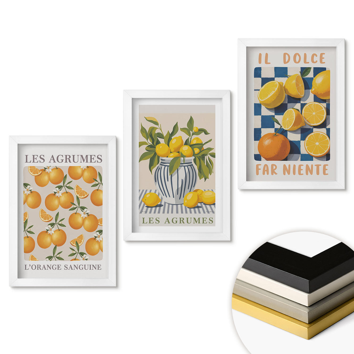 WANDBILDER 3er-Set - 20x30 cm Weißer Rahmen - Retro gelbe Zitrusfrüchte - Weiß, Kunststoff (20/30cm) - ArtPrintCave
