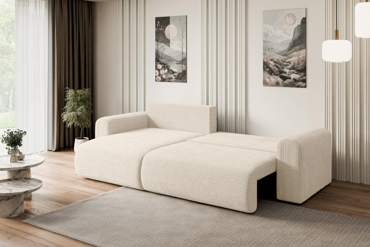 ECKSOFA mit Schlaffunktion und Bettkasten ORRO-L - 272x145x83 cm Beige Cord - Beige/Schwarz, Holzwerkstoff/Kunststoff (272/145cm) - ALTDECOR